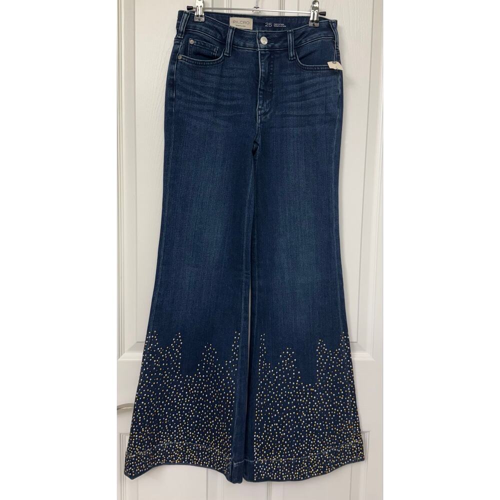 Pilcro High-Rise Flare Jeans Dark Wash Studded Hem Size 25 trendy $168 NWT - Picture 2 of 11